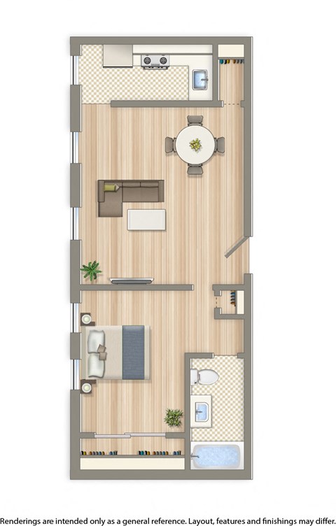 one bedroom apartment floor plan rendering at norwood apartments in washington dc